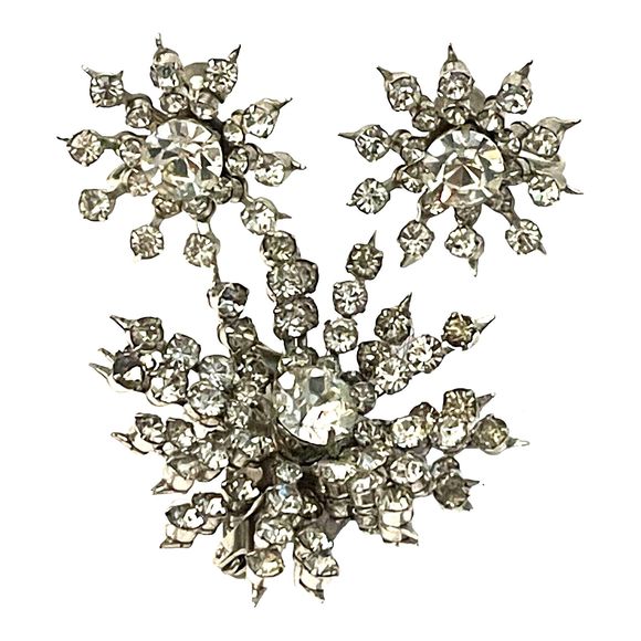 VTG CARA Rhinestone Starburst Snowflake Flower MCM Brooch Earrings Set Clip On - Picture 1 of 10